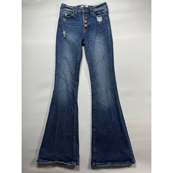 Mica Women's Distressed Button Fly Flare Blue Stretch Denim Jeans - Size 28x33 - Picture 1 of 5